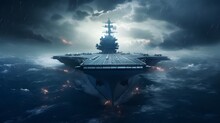 Aircraft Carrier Sailing On The Sea Background. Generative AI