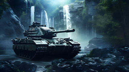 Wall Mural - Military tank in the forest background. Generative AI