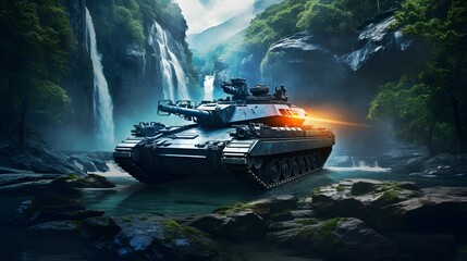 Wall Mural - Military tank in the forest background. Generative AI