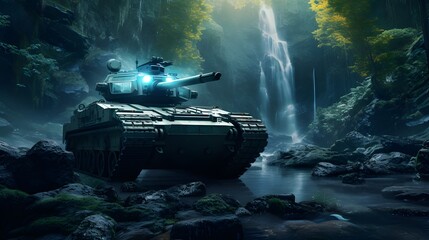 Wall Mural - Military tank in the forest background. Generative AI