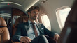 A businessman in a private plane, looking out the window