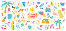 Big Summer Beach Vacations Set. Sea And Ocean Vacations Accessories And Play Equipment. Vector Summer Illustrations Set