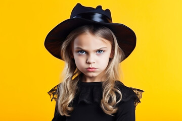 Wall Mural - A little girl in a witch or sorceress costume on a yellow-orange background makes a scary face in the celebration of Halloween.