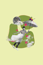 Vertical Collage Of Overjoyed Black White Effect Guy Hold Umbrella Flying Clouds Sky Full Moon Butterfly Heart Symbols Isolated On Green Background
