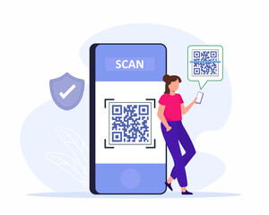 woman uses cell phone app to scan qr code barcode reader cashless technology qr code payment.