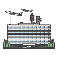 KK省KK局(国土交通省・航空局)の建物と旅客機のイラスト