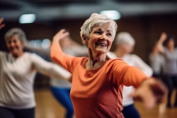 Group of smiling senior people dancing while enjoying activities in retirement home - concept