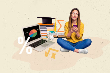 Sticker - Creative composite collage photo concept of smart diligent girl sit near laptop hold smartphone doing homework isolated painted background