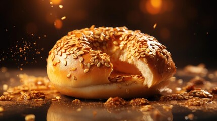 bagels bread with sprinkled sugar and sesame seeds on wooden table background blur