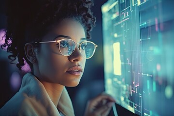 Black woman coding at night in office, inspired and busy with online project for cyber security. Photo generative AI