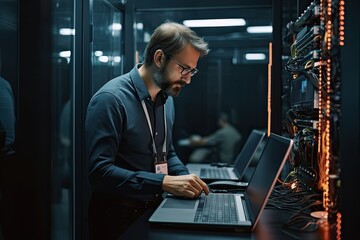 Experienced engineer secures data in server room while programming network with online tech. Photo generative AI