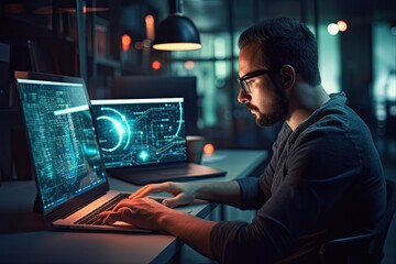 Young man multitasking in modern office, ignoring comments, throwing a curve. Photo generative AI