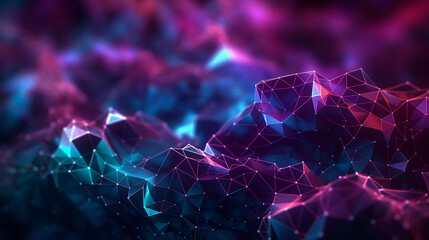 Glowing polygon shape crystal and mesh in purple and blue big datal concept futuristic technology abstract background.