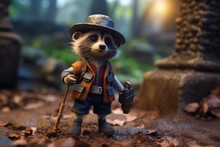 Playful Raccoon Dressed As Archaeologist At An Excavation Site - AI Generated