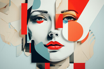 Wall Mural - Beauty, fine art, fashion concept. Abstract modern art collage of woman portrait made of various and colorful geometric shapes. Generative AI