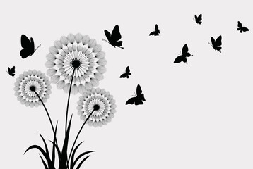 Dandelion with flying butterflies and seeds, vector illustration. Vector isolated decoration element from scattered silhouettes.