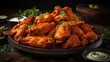 © GradPlanet - Buffalo wings with melted hot sauce on a wooden table with a blurred background