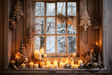 Rustic Window Decorated With Christmas Ornaments And Candles And Cold Winter Scene Outside