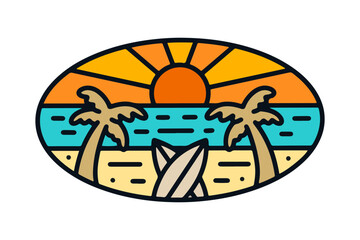 Wall Mural - Twin of coconut tree and surfboard on the beach in mono line design for t-shirt, badge, and sticker vector illustration