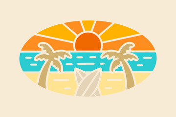 Wall Mural - The sunset on the beach in mono line vector design for t-shirt, badge, and sticker vector illustration