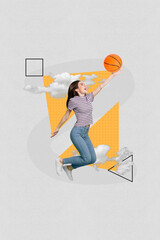 Canvas Print - Vertical photo collage picture of positive girl jumping funky play basketball hold ball sportive intense cardio isolated on grey background