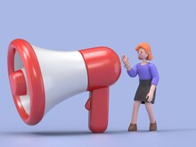 3D Illustration Of European Businesswoman Ellen Announcing Using A Megaphone, Cartoon Illustration. Black Outlined And White Colored.3D Rendering On White Background.
