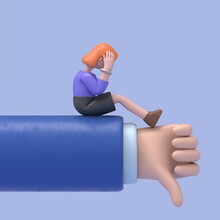 3D Illustration Of European Businesswoman Ellen Sits On A Big Hand Dislike.  Unhappy Human. Stress And Failure. The Businessman’s Crisis.Bad Mood Concept.3D Rendering On White Background.
