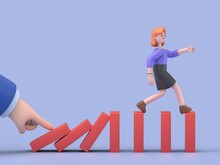 Hand Pushes Dominoes, 3D Illustration Of European Businesswoman Ellen Runs Away From Falling Effect. Human Running Forward.Failed Business.Business Crisis Concept.3D Rendering On White Background.
