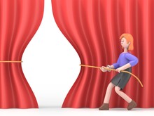 3D Illustration Of European Businesswoman Ellen Hands Pull Rope Red Cloth. Grand Opening Concept. Ceremony, Celebration, Presentation And Event. 3D Rendering On White Background.
