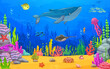 Cartoon underwater landscape, game scene level with sea whale and fish shoals, vector background. Starfish, jellyfish and seaweeds in ocean underwater and undersea world or coral reef landscape
