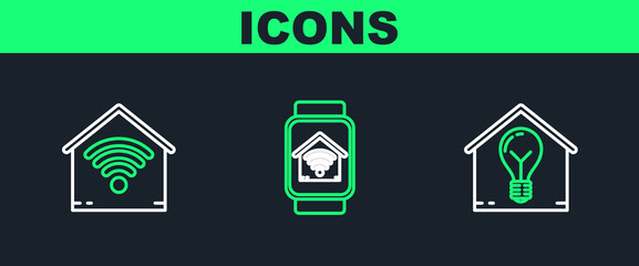 Sticker - Set line Smart house and light bulb, home with wi-fi and watch smart icon. Vector