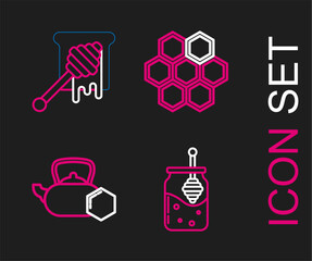 Sticker - Set line Jar of honey and honey dipper stick, Tea kettle with, Honeycomb and dripping icon. Vector