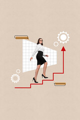 Sticker - Vertical collage picture of confident elegant girl walking climb arrow upwards stairs cogwheel gear dialogue bubble isolated on beige background