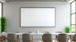 white screen contrasts with the black meeting room