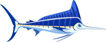 Blue Marlin Character. Isolated Cartoon Vector Powerful Sea Creature Known For Its Striking Blue Color, Impressive Size, And Distinctive Bill. Top Predator Capable Of Impressive Speeds And Leaps