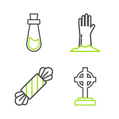 Poster - Set line Tombstone with cross, Candy, Zombie hand and Bottle potion icon. Vector