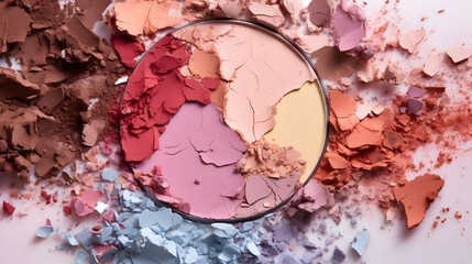 Broken and smashed color make-up eyeshadow palette, lay of brush strokes with brushes, close-up for background, top view.