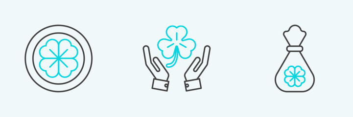 Sticker - Set line Money bag with four leaf clover, Gold coin and Human hands holding icon. Vector