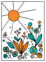 Abstract hand drawn doodle blue and yellow sunny garden