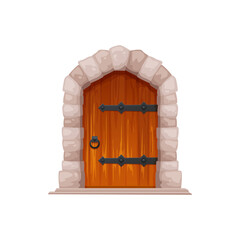 Sticker - Cartoon medieval castle gate, dungeon wooden door. Ancient house doorway, medieval historical building stone gate or European temple wooden isolated vector door. Castle or fortress entrance