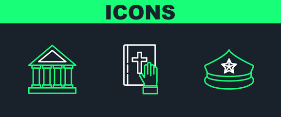 Poster - Set line Police cap with cockade, Courthouse building and Oath on the Holy Bible icon. Vector