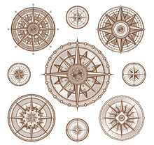 Vintage Compass Wind Roses, Medieval Nautical Navigation Signs, Vector Icons. Ship Seafaring Compass In Woodcut Lines With Wind Roses For Maritime Travel Navigation And Captain Ship Or Boat Direction