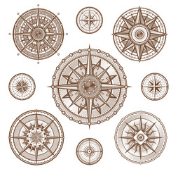 Vintage compass wind roses, Medieval nautical navigation signs, vector icons. Ship seafaring compass in woodcut lines with wind roses for maritime travel navigation and captain ship or boat direction