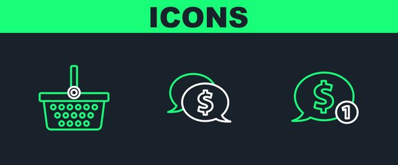 Sticker - Set line Speech bubble with dollar, Shopping basket and icon. Vector