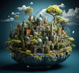 Wall Mural - Glass globe with houses on a green landscape, generative ai