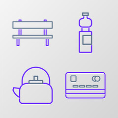 Sticker - Set line Credit card, Kettle with handle, Bottle of water and Bench icon. Vector