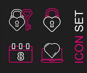 Poster - Set line Online dating app and chat, Calendar with 8 March, Castle the shape of heart and key icon. Vector