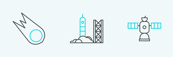 Sticker - Set line Satellite, Comet falling down fast and Rocket launch from the spaceport icon. Vector