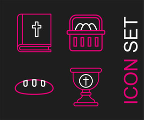 Poster - Set line Christian chalice, Bread loaf, Basket with easter eggs and Holy bible book icon. Vector