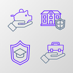 Sticker - Set line Hand holding briefcase, Graduation cap with shield, House and Piggy bank hand icon. Vector